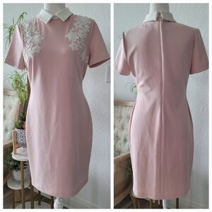 Ivanka Trump Soft Pink Pencil Sheath Dress with White Embroided Accent Sz 8
